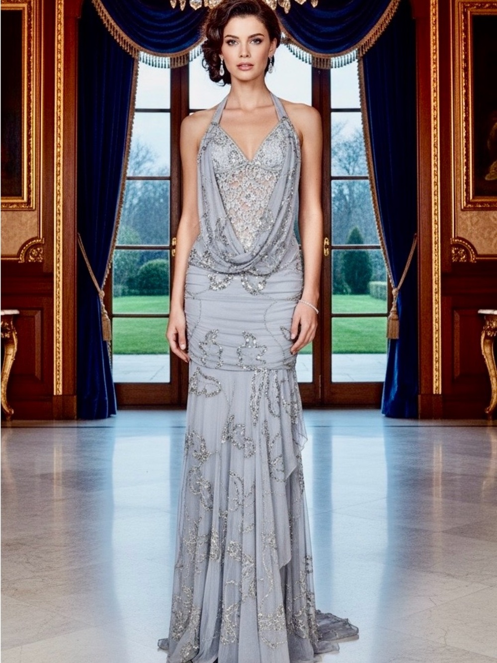 Elegant Silver hand Beaded Halter Evening Gown lace, insert high slit stretch